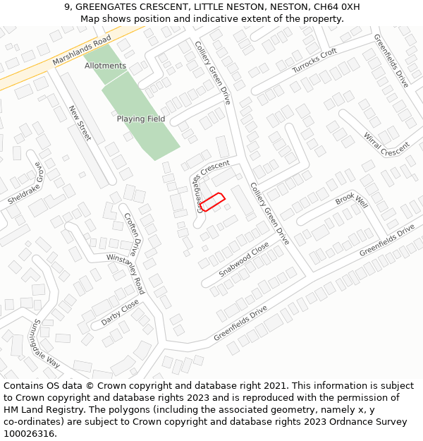 9, GREENGATES CRESCENT, LITTLE NESTON, NESTON, CH64 0XH: Location map and indicative extent of plot