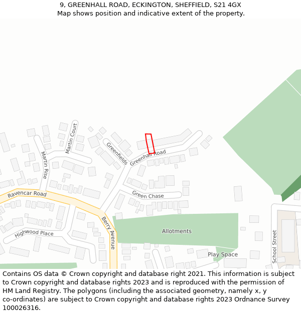 9, GREENHALL ROAD, ECKINGTON, SHEFFIELD, S21 4GX: Location map and indicative extent of plot