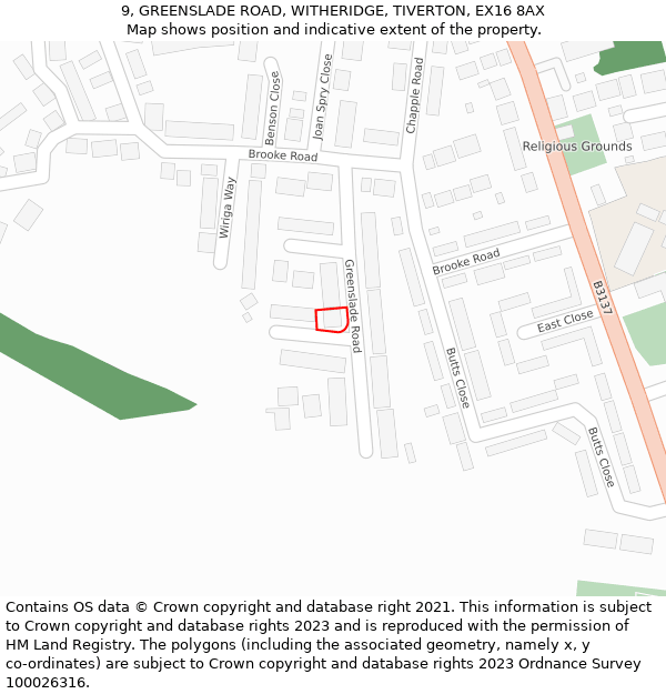 9, GREENSLADE ROAD, WITHERIDGE, TIVERTON, EX16 8AX: Location map and indicative extent of plot