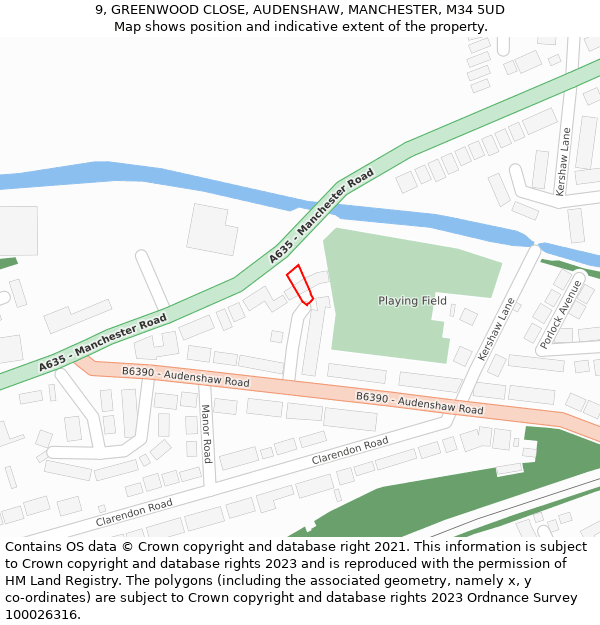 9, GREENWOOD CLOSE, AUDENSHAW, MANCHESTER, M34 5UD: Location map and indicative extent of plot