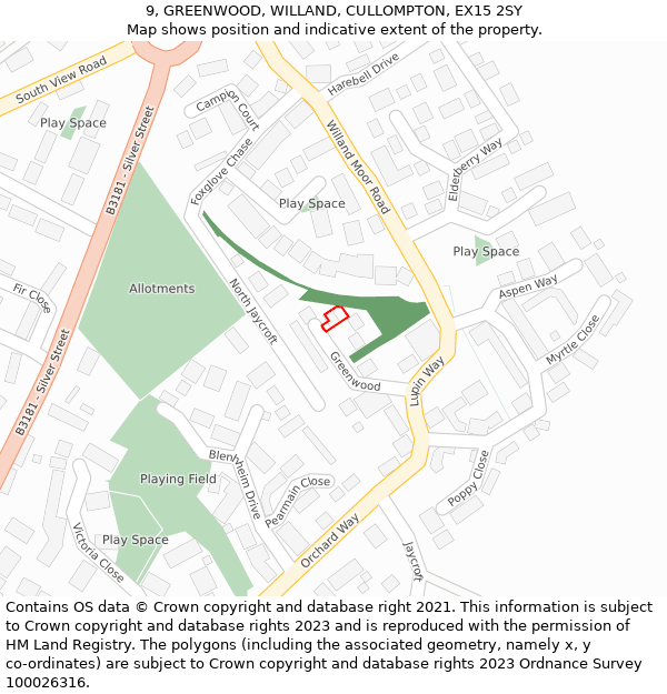 9, GREENWOOD, WILLAND, CULLOMPTON, EX15 2SY: Location map and indicative extent of plot