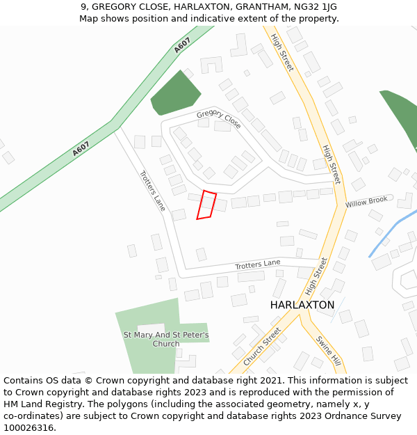 9, GREGORY CLOSE, HARLAXTON, GRANTHAM, NG32 1JG: Location map and indicative extent of plot