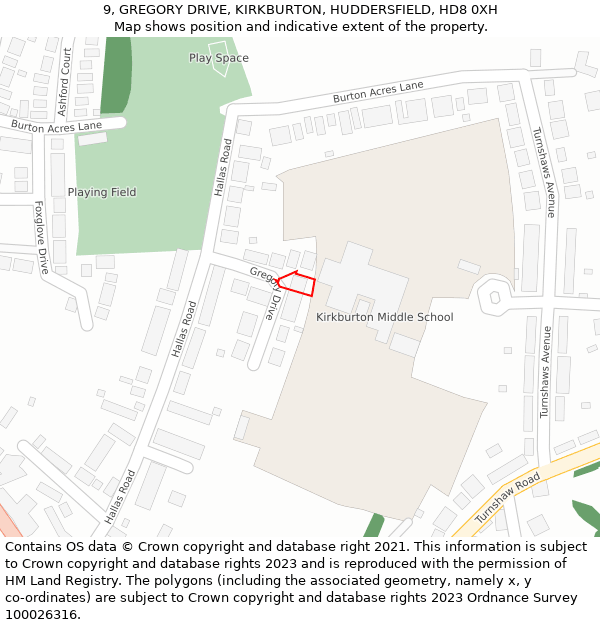 9, GREGORY DRIVE, KIRKBURTON, HUDDERSFIELD, HD8 0XH: Location map and indicative extent of plot