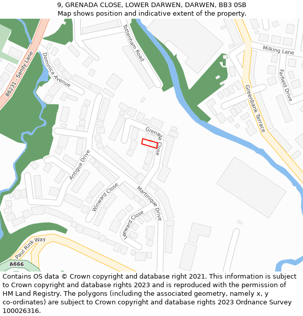 9, GRENADA CLOSE, LOWER DARWEN, DARWEN, BB3 0SB: Location map and indicative extent of plot