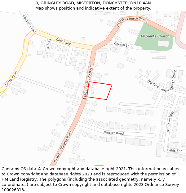 9, GRINGLEY ROAD, MISTERTON, DONCASTER, DN10 4AN: Location map and indicative extent of plot