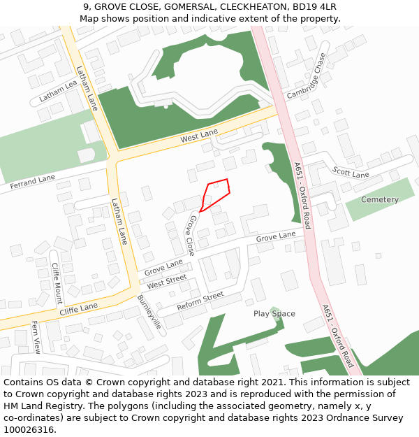 9, GROVE CLOSE, GOMERSAL, CLECKHEATON, BD19 4LR: Location map and indicative extent of plot