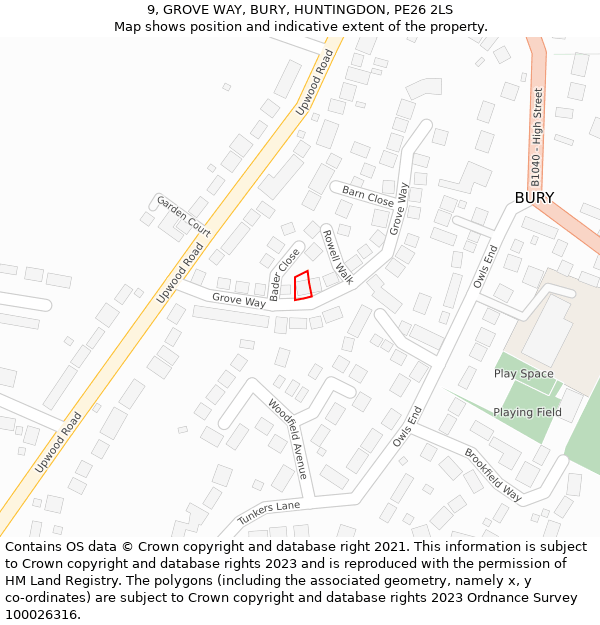 9, GROVE WAY, BURY, HUNTINGDON, PE26 2LS: Location map and indicative extent of plot