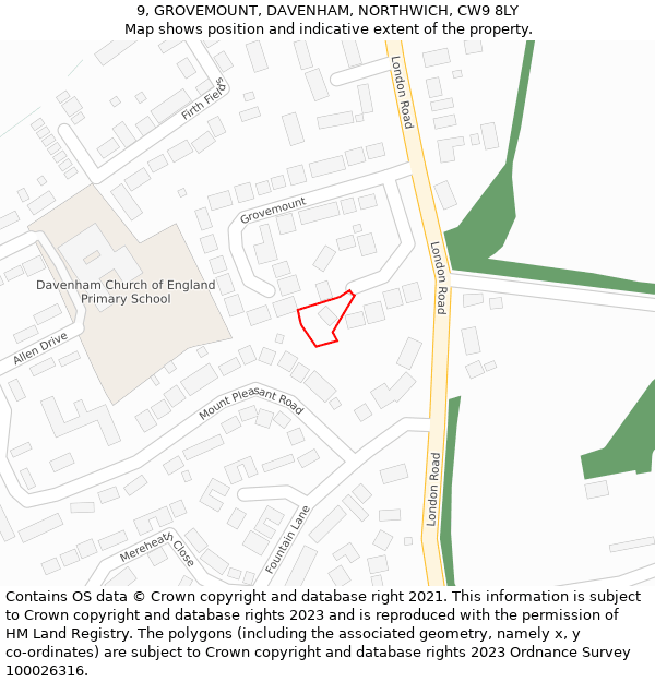 9, GROVEMOUNT, DAVENHAM, NORTHWICH, CW9 8LY: Location map and indicative extent of plot