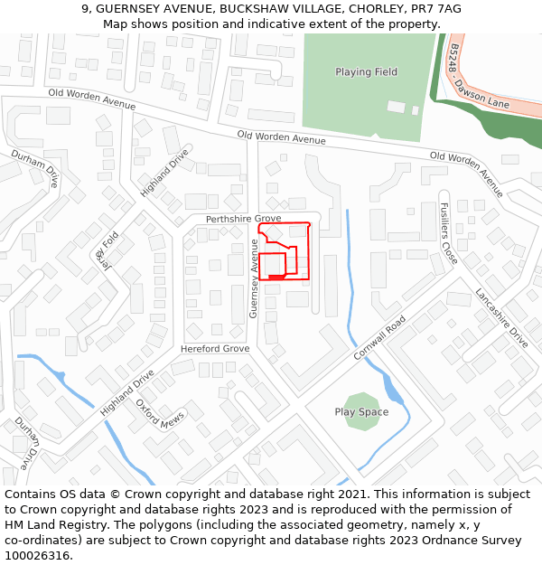 9, GUERNSEY AVENUE, BUCKSHAW VILLAGE, CHORLEY, PR7 7AG: Location map and indicative extent of plot