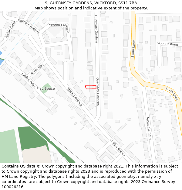 9, GUERNSEY GARDENS, WICKFORD, SS11 7BA: Location map and indicative extent of plot