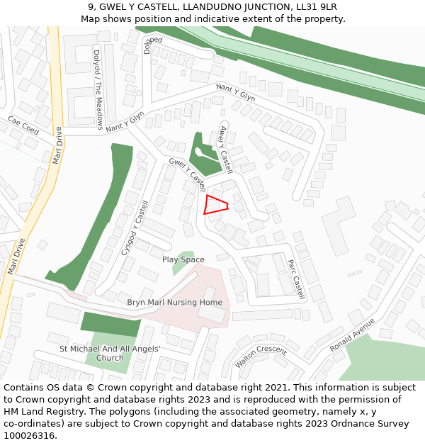 9, GWEL Y CASTELL, LLANDUDNO JUNCTION, LL31 9LR: Location map and indicative extent of plot