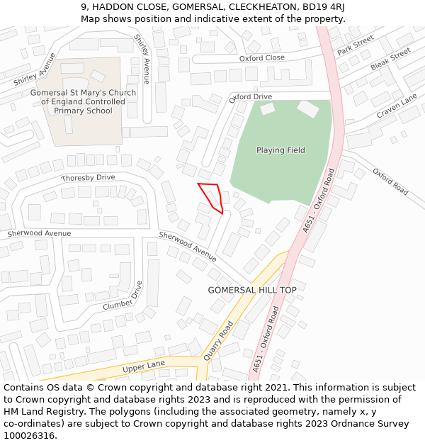 9, HADDON CLOSE, GOMERSAL, CLECKHEATON, BD19 4RJ: Location map and indicative extent of plot