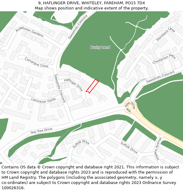 9, HAFLINGER DRIVE, WHITELEY, FAREHAM, PO15 7DX: Location map and indicative extent of plot