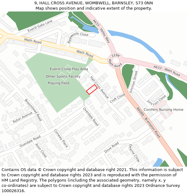 9, HALL CROSS AVENUE, WOMBWELL, BARNSLEY, S73 0NN: Location map and indicative extent of plot