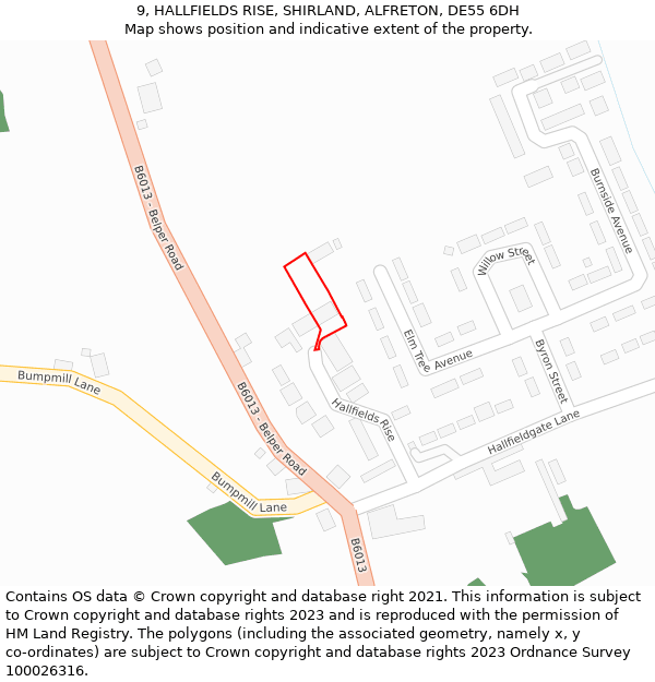 9, HALLFIELDS RISE, SHIRLAND, ALFRETON, DE55 6DH: Location map and indicative extent of plot