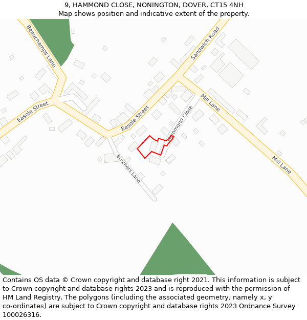 9, HAMMOND CLOSE, NONINGTON, DOVER, CT15 4NH: Location map and indicative extent of plot