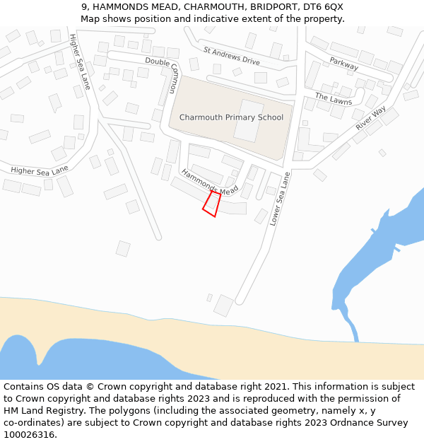 9, HAMMONDS MEAD, CHARMOUTH, BRIDPORT, DT6 6QX: Location map and indicative extent of plot