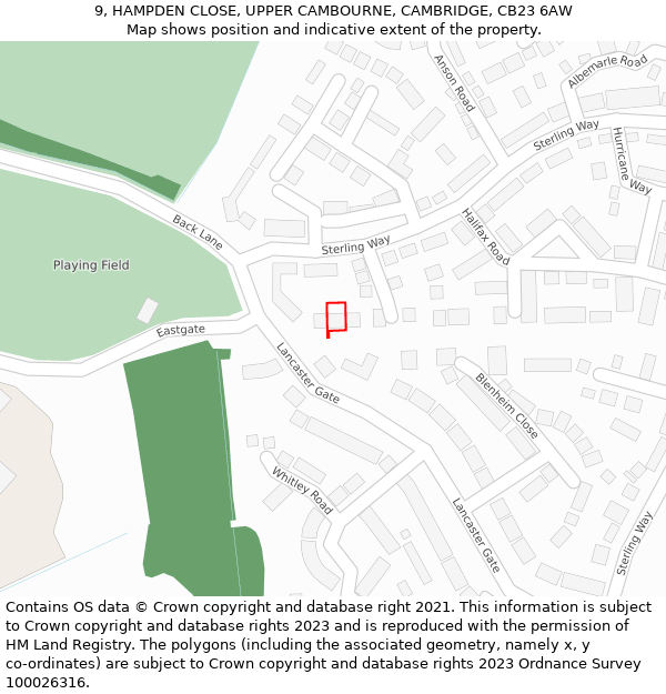 9, HAMPDEN CLOSE, UPPER CAMBOURNE, CAMBRIDGE, CB23 6AW: Location map and indicative extent of plot