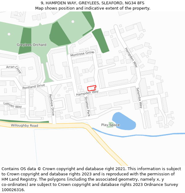 9, HAMPDEN WAY, GREYLEES, SLEAFORD, NG34 8FS: Location map and indicative extent of plot