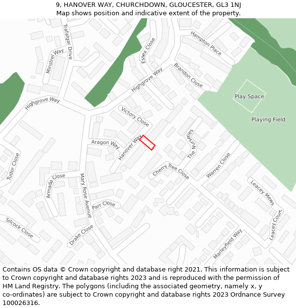 9, HANOVER WAY, CHURCHDOWN, GLOUCESTER, GL3 1NJ: Location map and indicative extent of plot