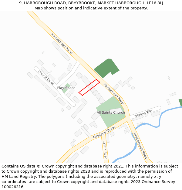 9, HARBOROUGH ROAD, BRAYBROOKE, MARKET HARBOROUGH, LE16 8LJ: Location map and indicative extent of plot