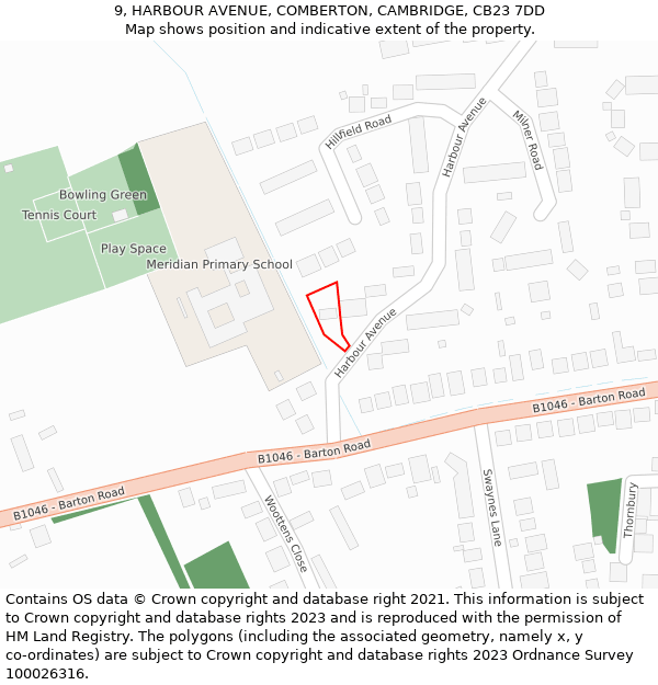 9, HARBOUR AVENUE, COMBERTON, CAMBRIDGE, CB23 7DD: Location map and indicative extent of plot