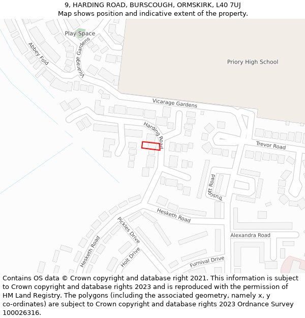 9, HARDING ROAD, BURSCOUGH, ORMSKIRK, L40 7UJ: Location map and indicative extent of plot