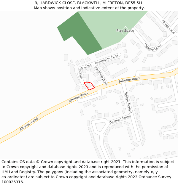 9, HARDWICK CLOSE, BLACKWELL, ALFRETON, DE55 5LL: Location map and indicative extent of plot