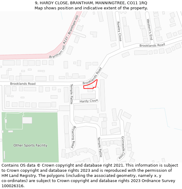 9, HARDY CLOSE, BRANTHAM, MANNINGTREE, CO11 1RQ: Location map and indicative extent of plot