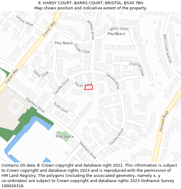 9, HARDY COURT, BARRS COURT, BRISTOL, BS30 7BH: Location map and indicative extent of plot