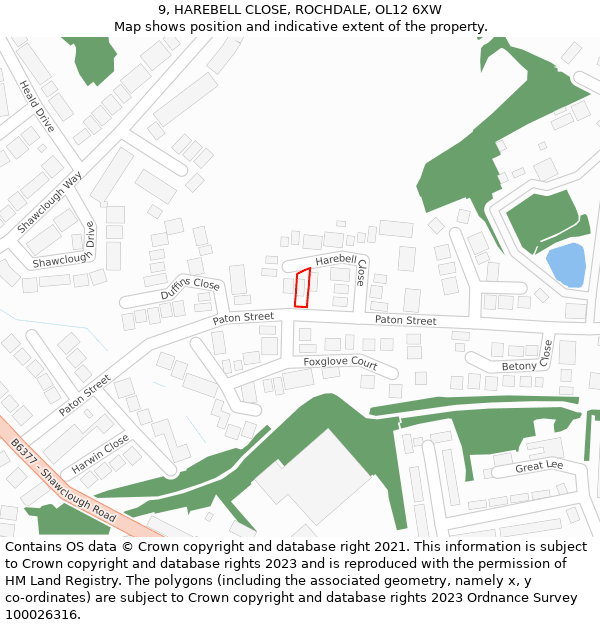 9, HAREBELL CLOSE, ROCHDALE, OL12 6XW: Location map and indicative extent of plot