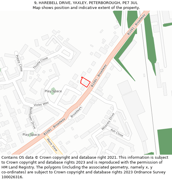 9, HAREBELL DRIVE, YAXLEY, PETERBOROUGH, PE7 3UL: Location map and indicative extent of plot