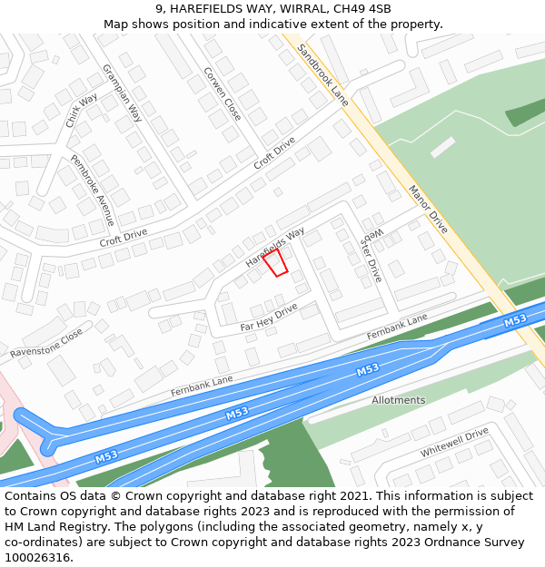 9, HAREFIELDS WAY, WIRRAL, CH49 4SB: Location map and indicative extent of plot