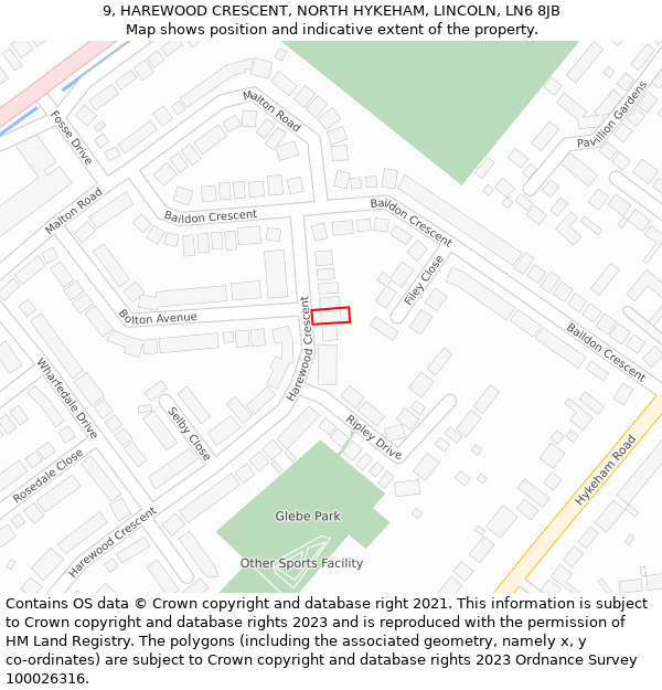 9, HAREWOOD CRESCENT, NORTH HYKEHAM, LINCOLN, LN6 8JB: Location map and indicative extent of plot