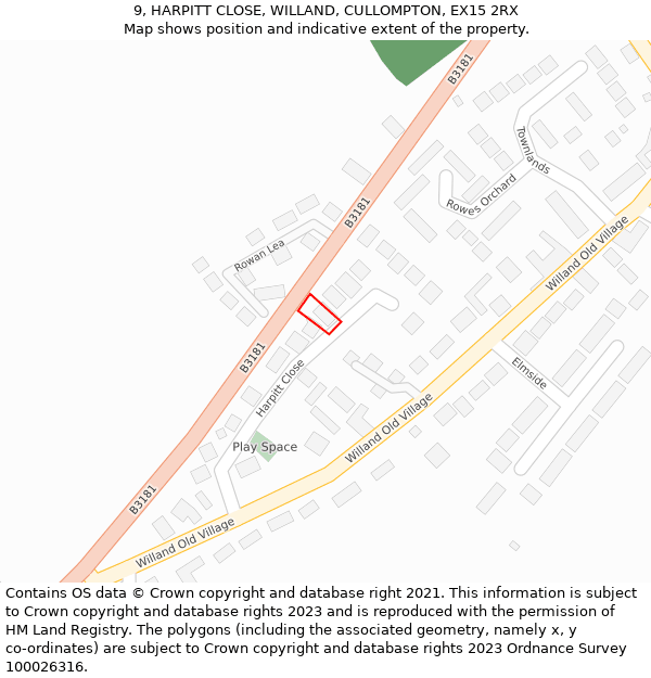 9, HARPITT CLOSE, WILLAND, CULLOMPTON, EX15 2RX: Location map and indicative extent of plot