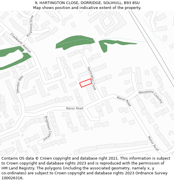 9, HARTINGTON CLOSE, DORRIDGE, SOLIHULL, B93 8SU: Location map and indicative extent of plot