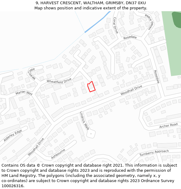 9, HARVEST CRESCENT, WALTHAM, GRIMSBY, DN37 0XU: Location map and indicative extent of plot