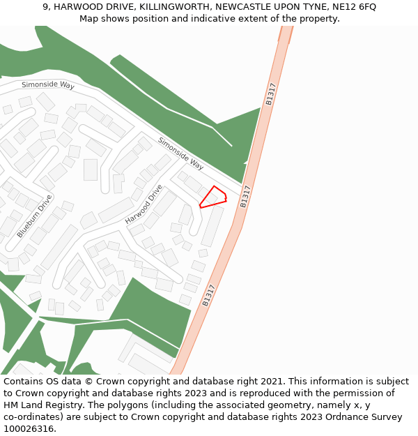 9, HARWOOD DRIVE, KILLINGWORTH, NEWCASTLE UPON TYNE, NE12 6FQ: Location map and indicative extent of plot
