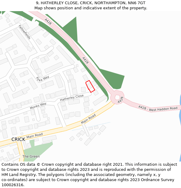 9, HATHERLEY CLOSE, CRICK, NORTHAMPTON, NN6 7GT: Location map and indicative extent of plot