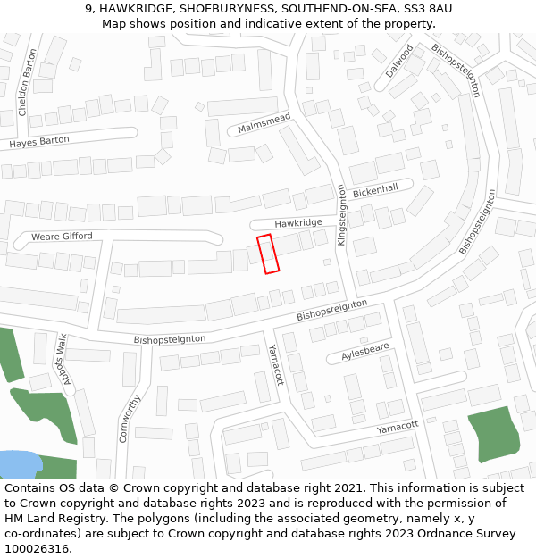 9, HAWKRIDGE, SHOEBURYNESS, SOUTHEND-ON-SEA, SS3 8AU: Location map and indicative extent of plot