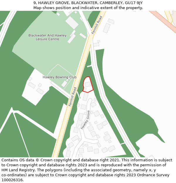 9, HAWLEY GROVE, BLACKWATER, CAMBERLEY, GU17 9JY: Location map and indicative extent of plot