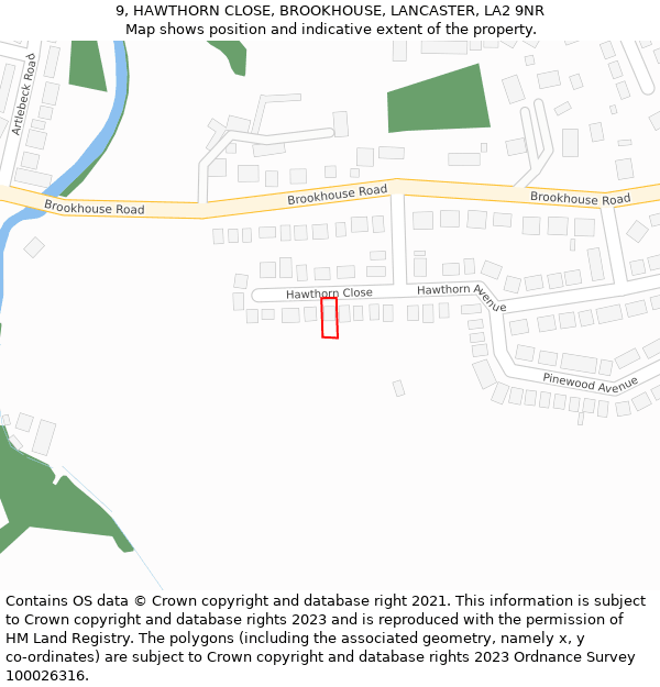 9, HAWTHORN CLOSE, BROOKHOUSE, LANCASTER, LA2 9NR: Location map and indicative extent of plot