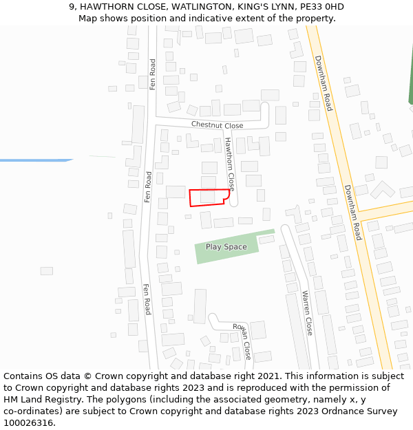 9, HAWTHORN CLOSE, WATLINGTON, KING'S LYNN, PE33 0HD: Location map and indicative extent of plot