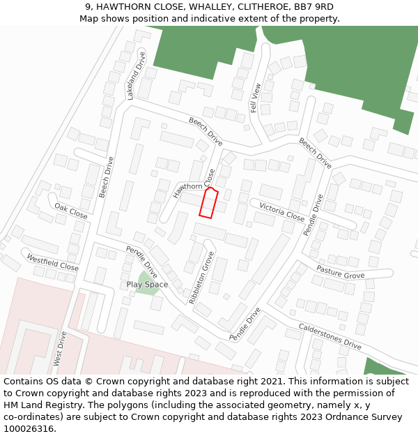 9, HAWTHORN CLOSE, WHALLEY, CLITHEROE, BB7 9RD: Location map and indicative extent of plot