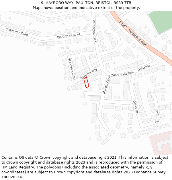 9, HAYBORO WAY, PAULTON, BRISTOL, BS39 7TB: Location map and indicative extent of plot