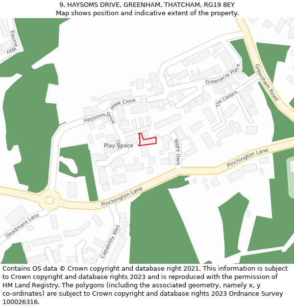 9, HAYSOMS DRIVE, GREENHAM, THATCHAM, RG19 8EY: Location map and indicative extent of plot