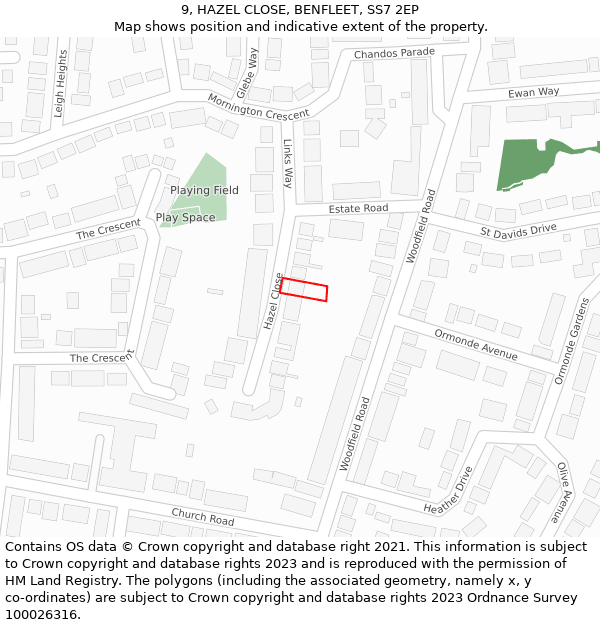 9, HAZEL CLOSE, BENFLEET, SS7 2EP: Location map and indicative extent of plot