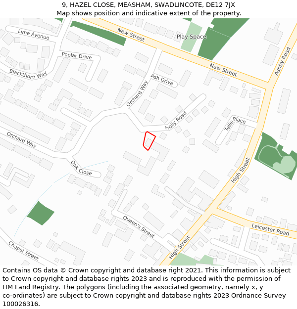 9, HAZEL CLOSE, MEASHAM, SWADLINCOTE, DE12 7JX: Location map and indicative extent of plot