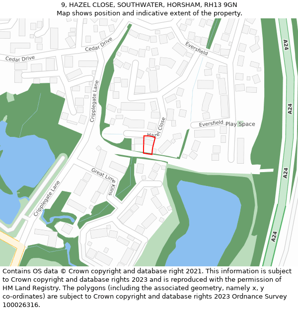 9, HAZEL CLOSE, SOUTHWATER, HORSHAM, RH13 9GN: Location map and indicative extent of plot