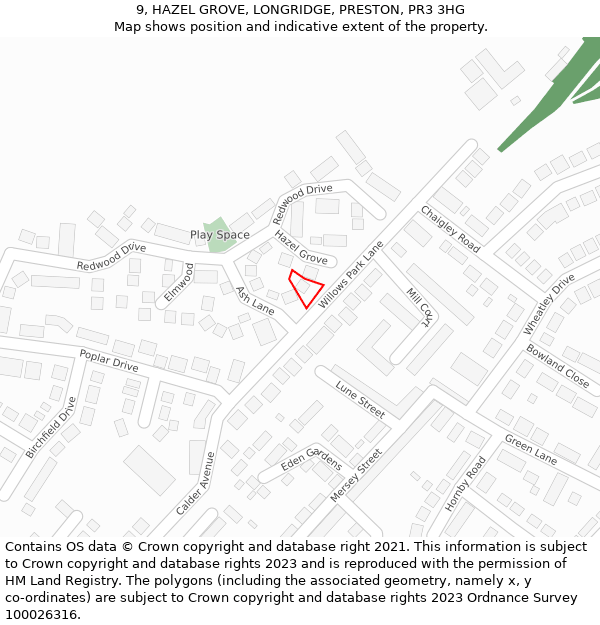 9, HAZEL GROVE, LONGRIDGE, PRESTON, PR3 3HG: Location map and indicative extent of plot